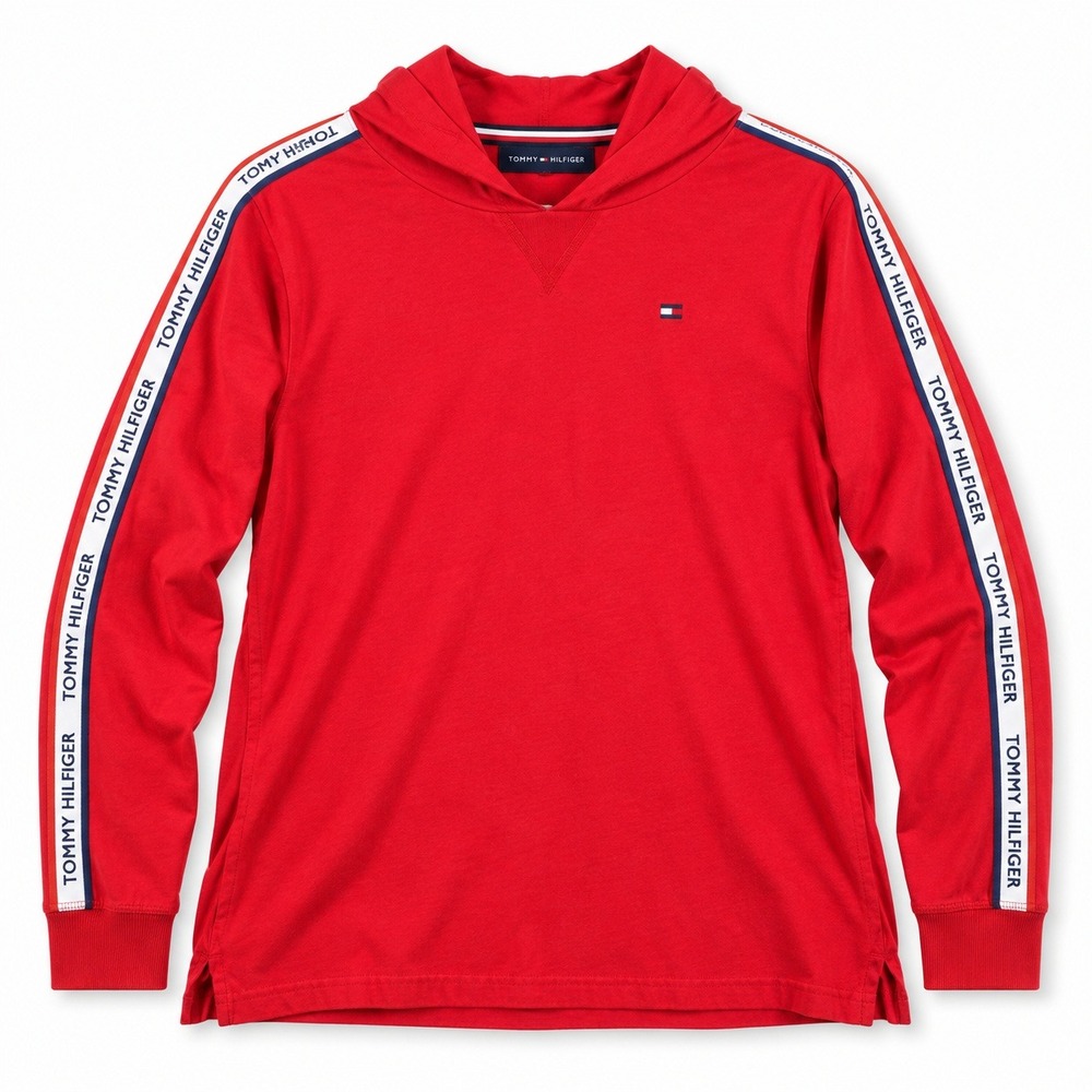 Tommy Hilfiger Red Hoodie‎ Men Logo Tape Long Sleeve Pullover Sweatshirt Size XL